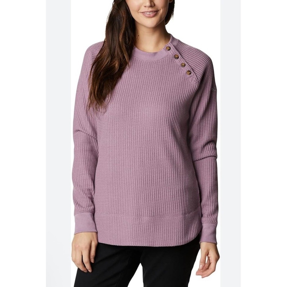 Columbia Women's Size M Chillin Sweater Mauve Houndstooth Button Placket‎ Waffle
